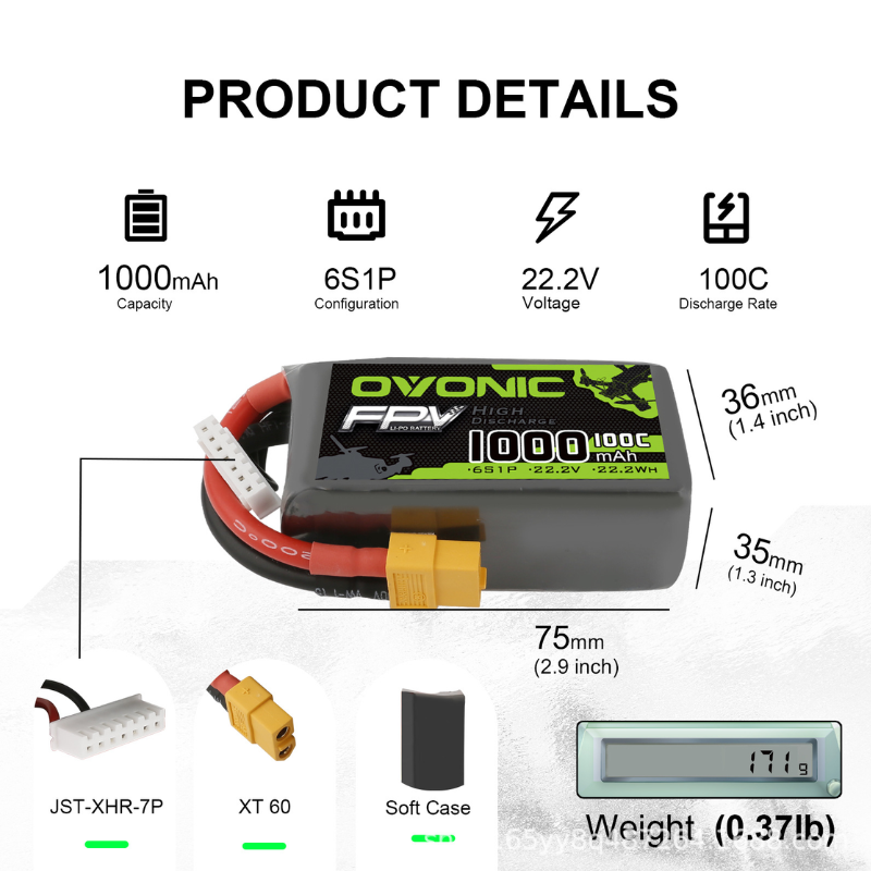 2Pcs OVONIC 1000mAh 100C 22.2V - огляд і ціна Drone Battery 6S